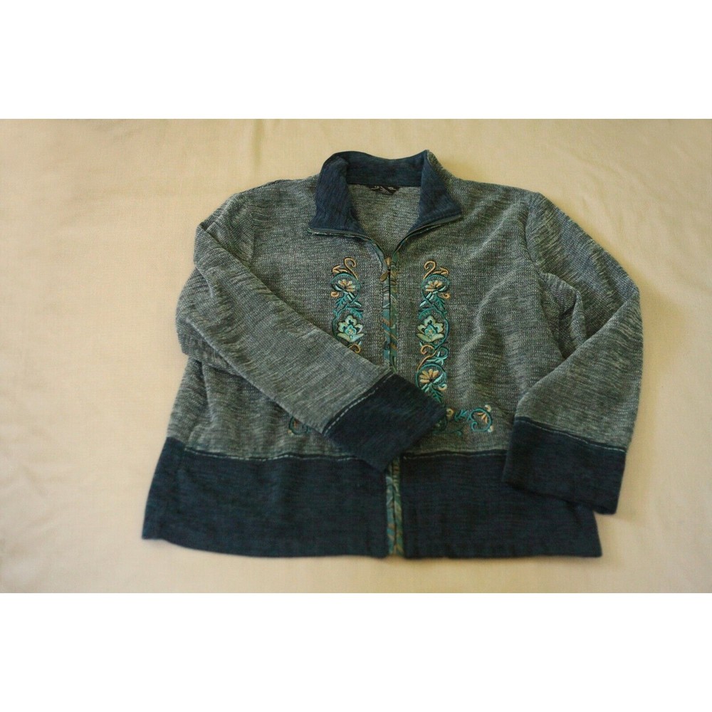 T & COMPANY Sz XL Womens Acrylic Embroidered Lounge Jacket Blazer Full Zip Blue - Picture 7 of 7